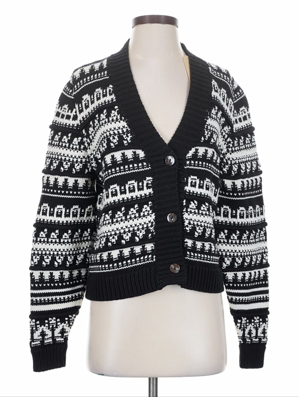 Feller Chloe Ethnic Crop Cardigan Black White Aztec Tribal Knit $296 Retail Sz S